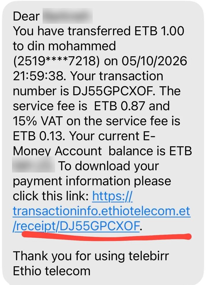 The telebirr SMS from 127, with the receipt link at the end underlined